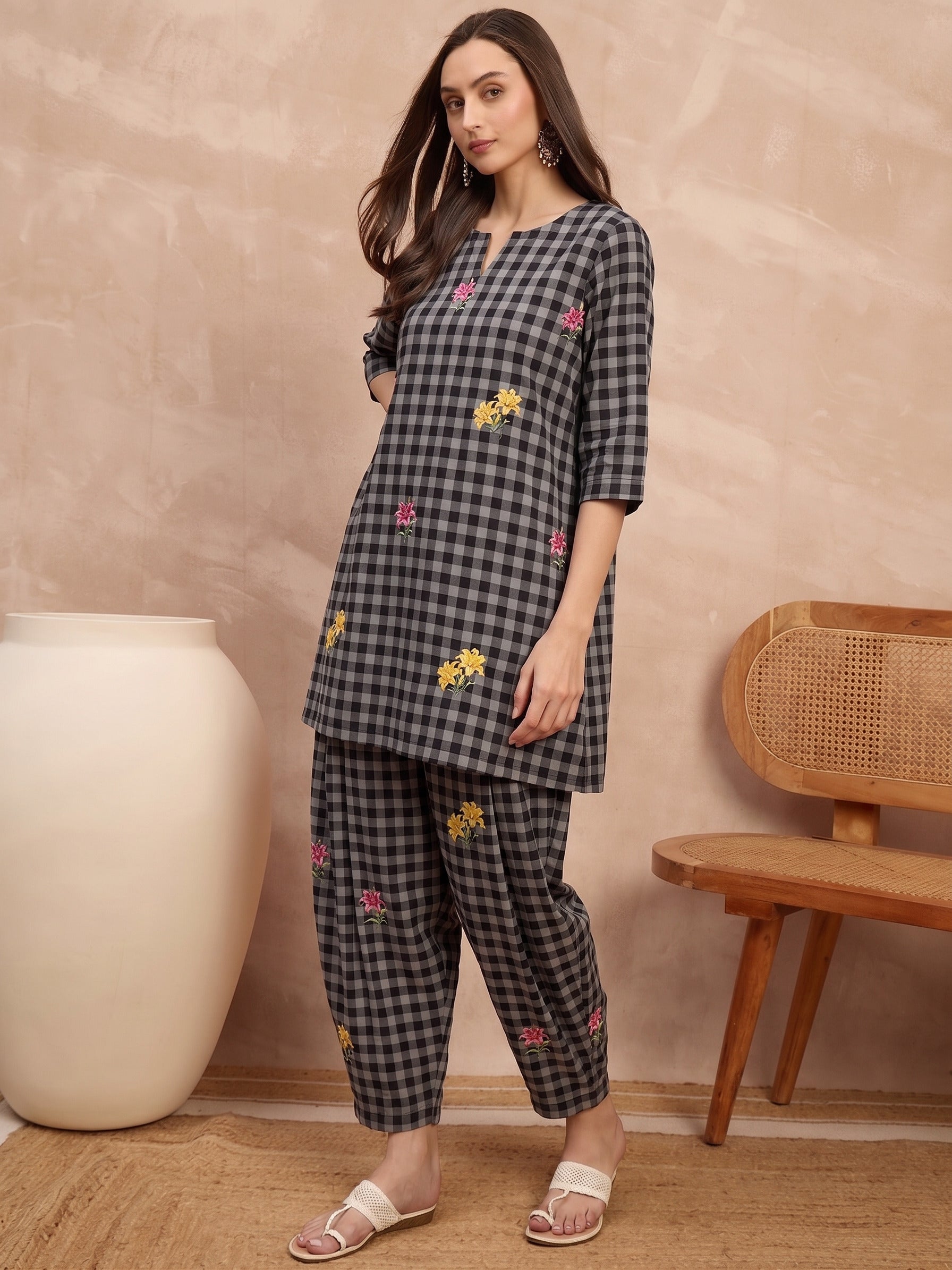 Black Check Floral Balloon Co-Ord