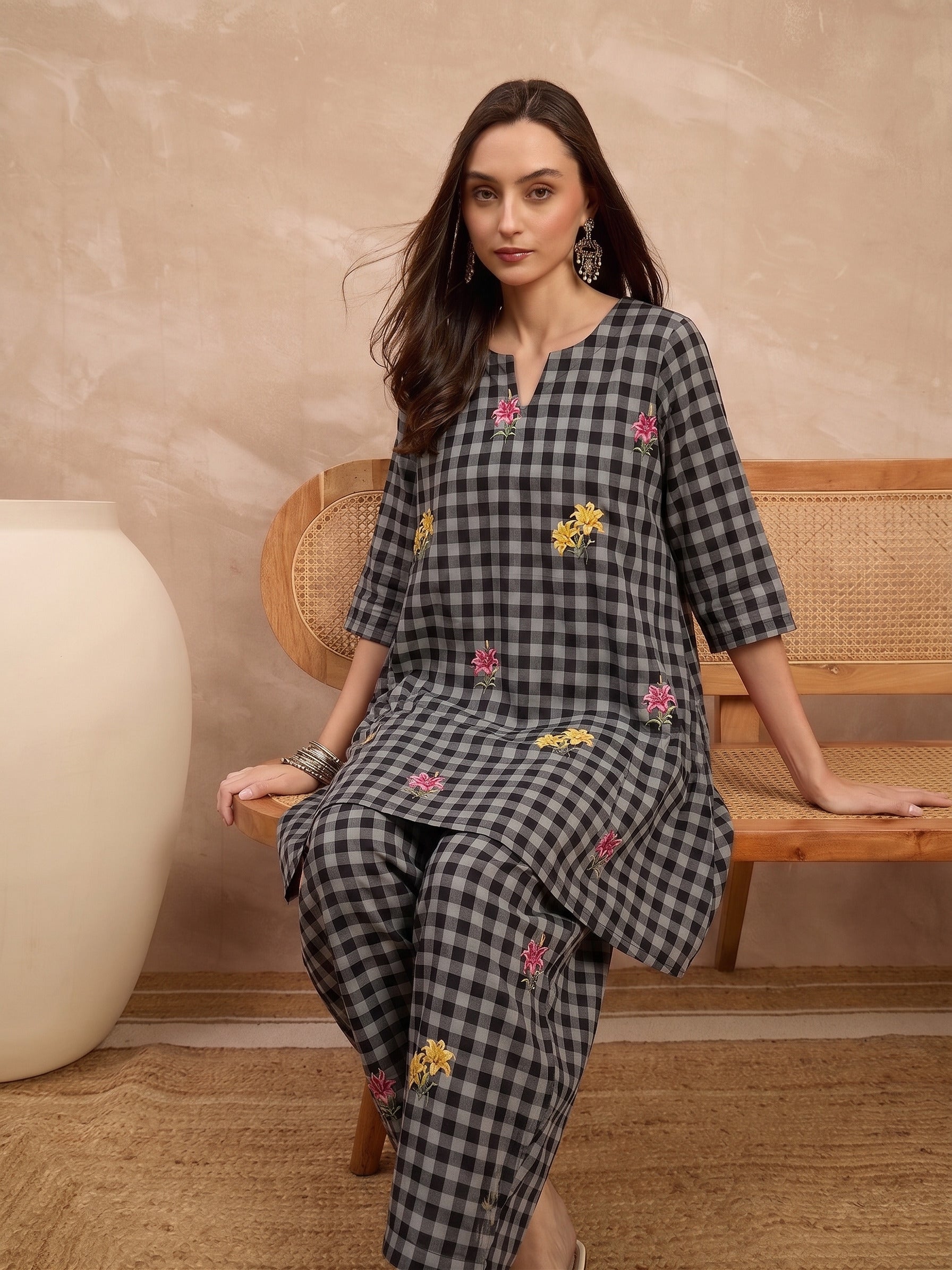 Black Check Floral Balloon Co-Ord