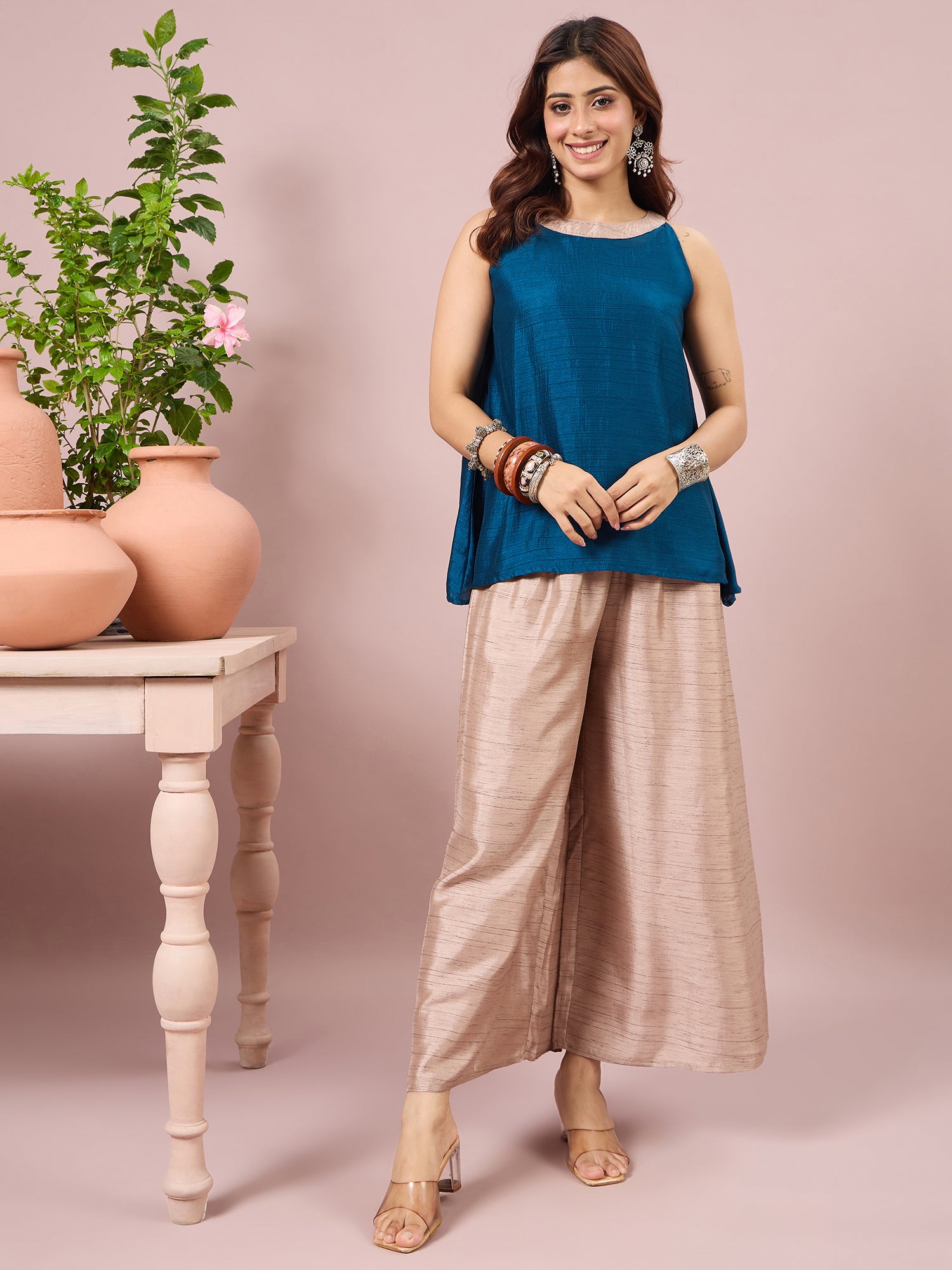 Peacock Blue Halter Top Beige Coord Set (To be dispatched in 7 -10 days)
