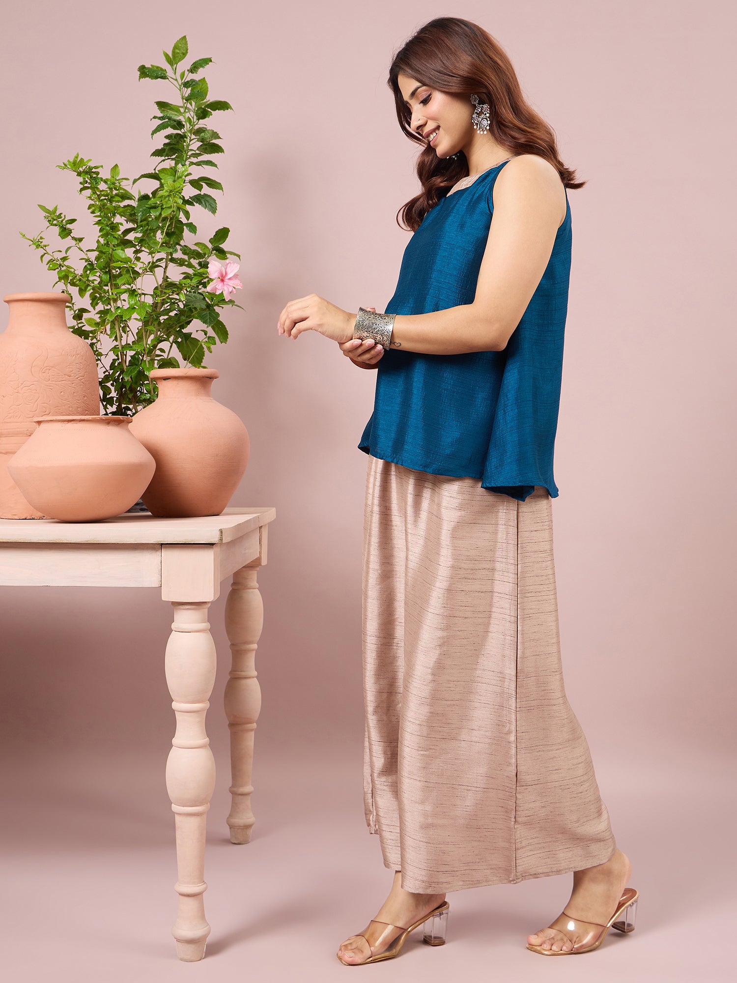 Peacock Blue Halter Top Beige Coord Set (To be dispatched in 7 -10 days)