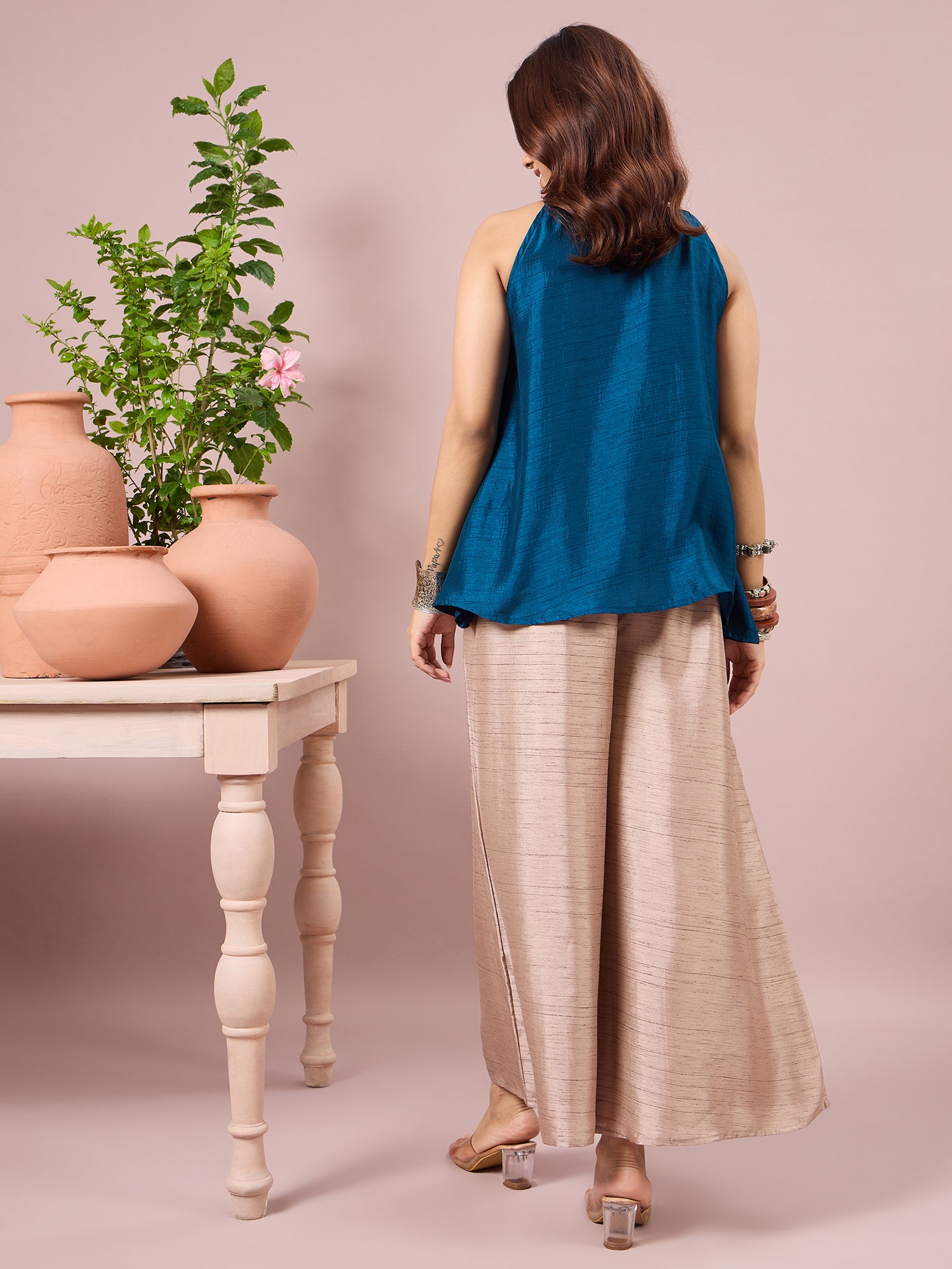 Peacock Blue Halter Top Beige Coord Set (To be dispatched in 7 -10 days)