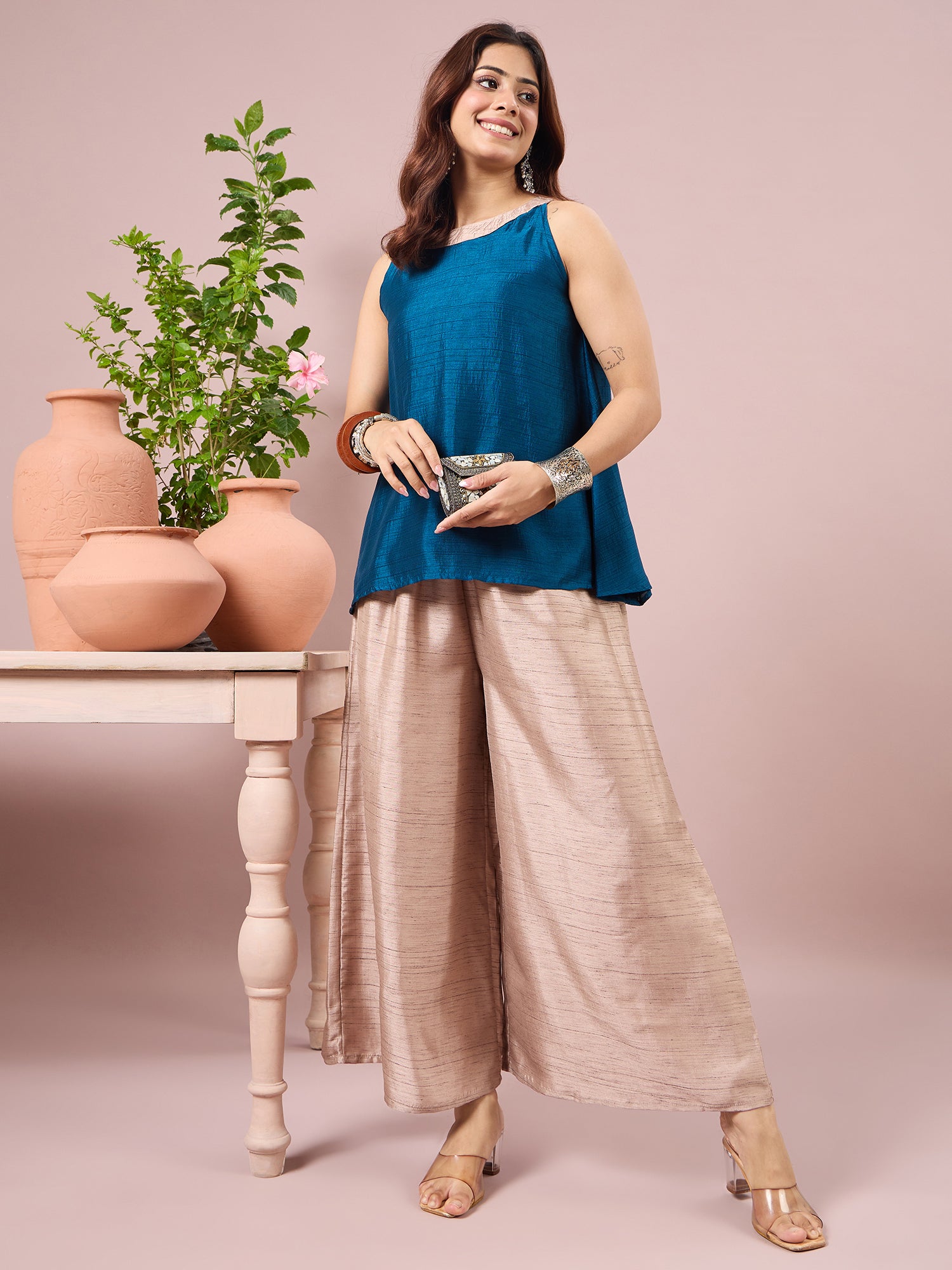 Peacock Blue Halter Top Beige Coord Set (To be dispatched in 7 -10 days)