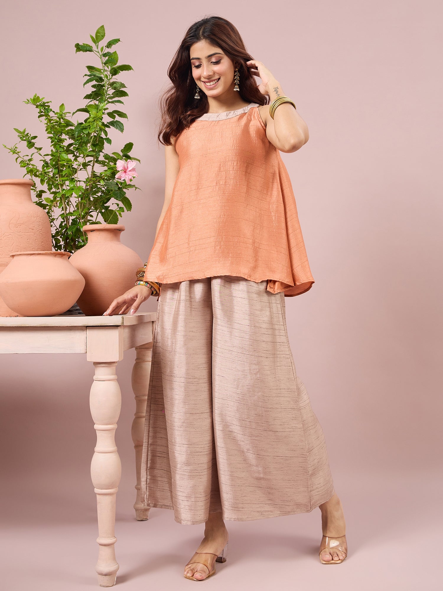 Dark Peach Halter Top Beige Coord Set (To be dispatched in 7 -10 days)