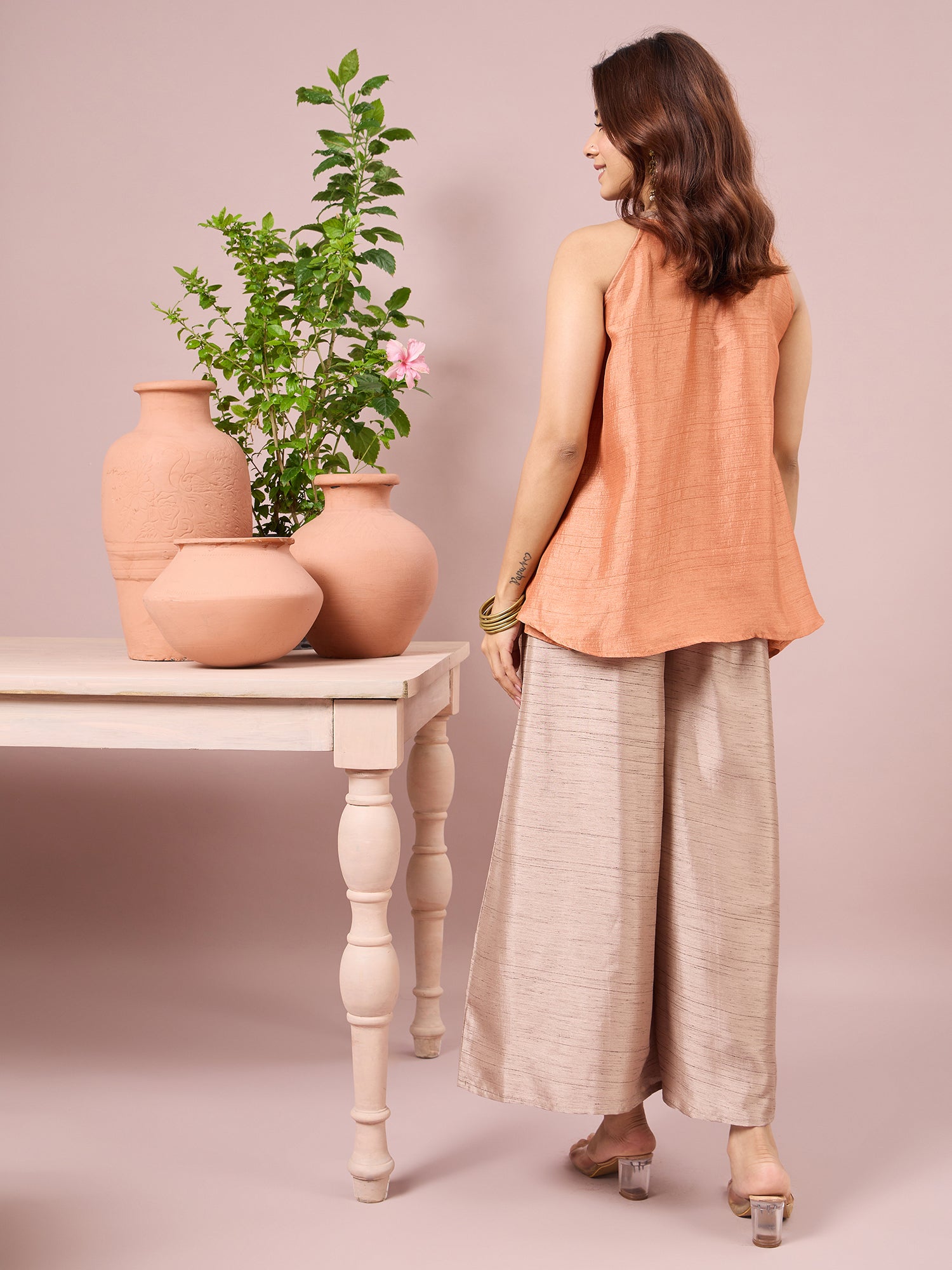Dark Peach Halter Top Beige Coord Set (To be dispatched in 7 -10 days)