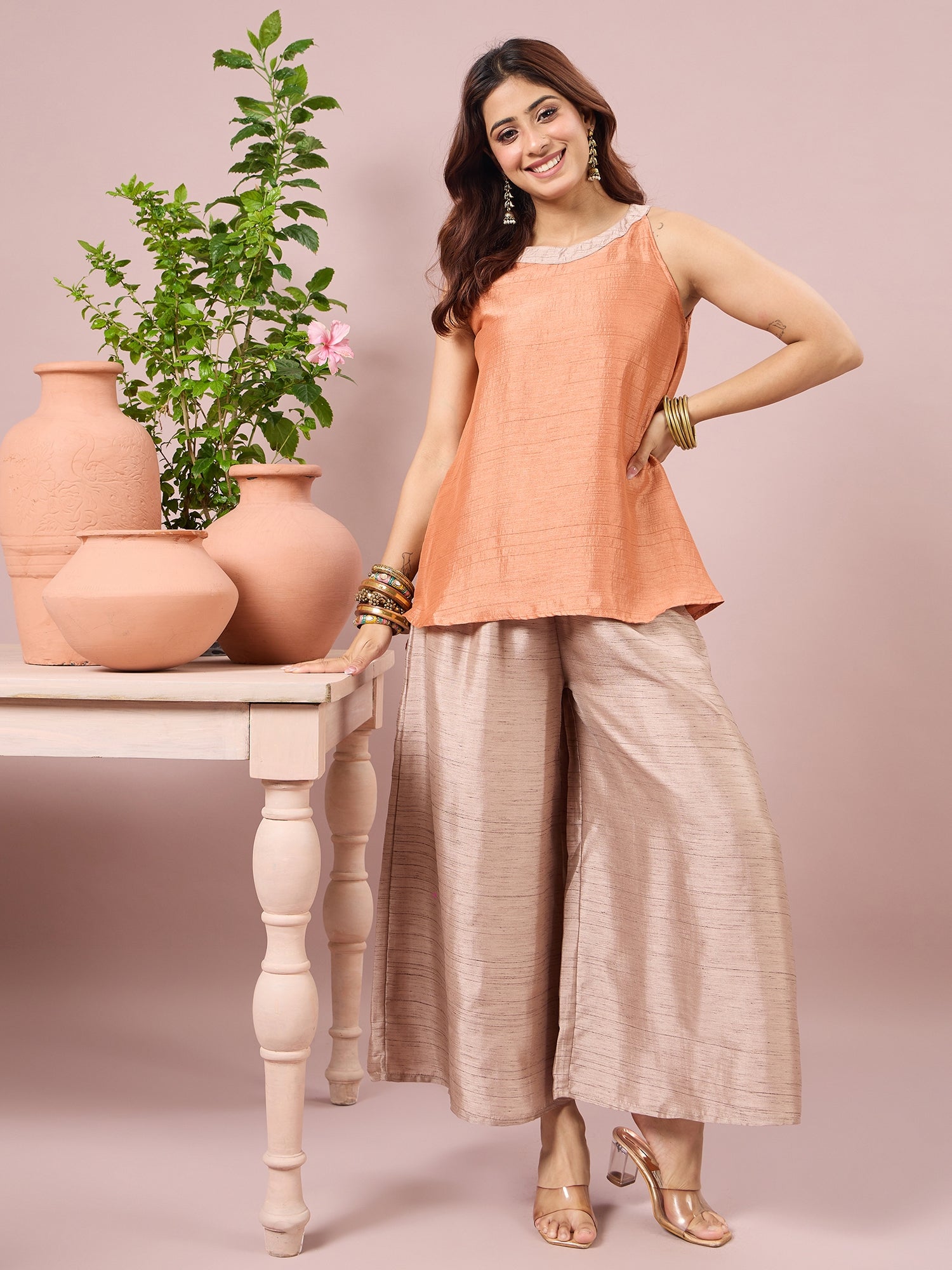 Dark Peach Halter Top Beige Coord Set (To be dispatched in 7 -10 days)