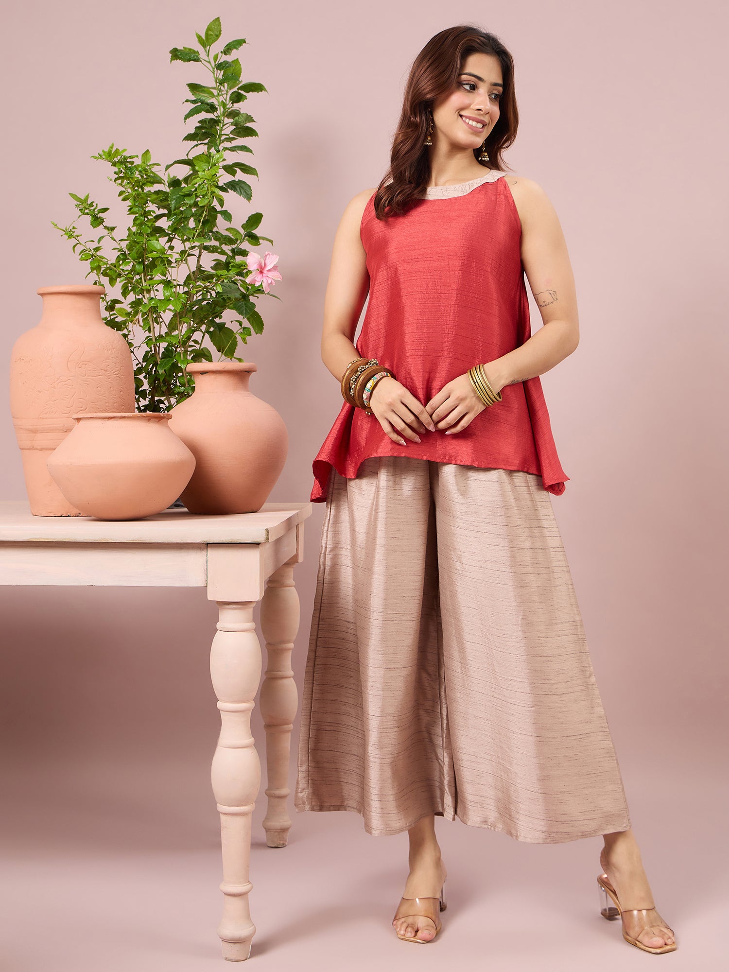 Dusty Red Halter Top Beige Coord Set (To be dispatched in 7 -10 days)
