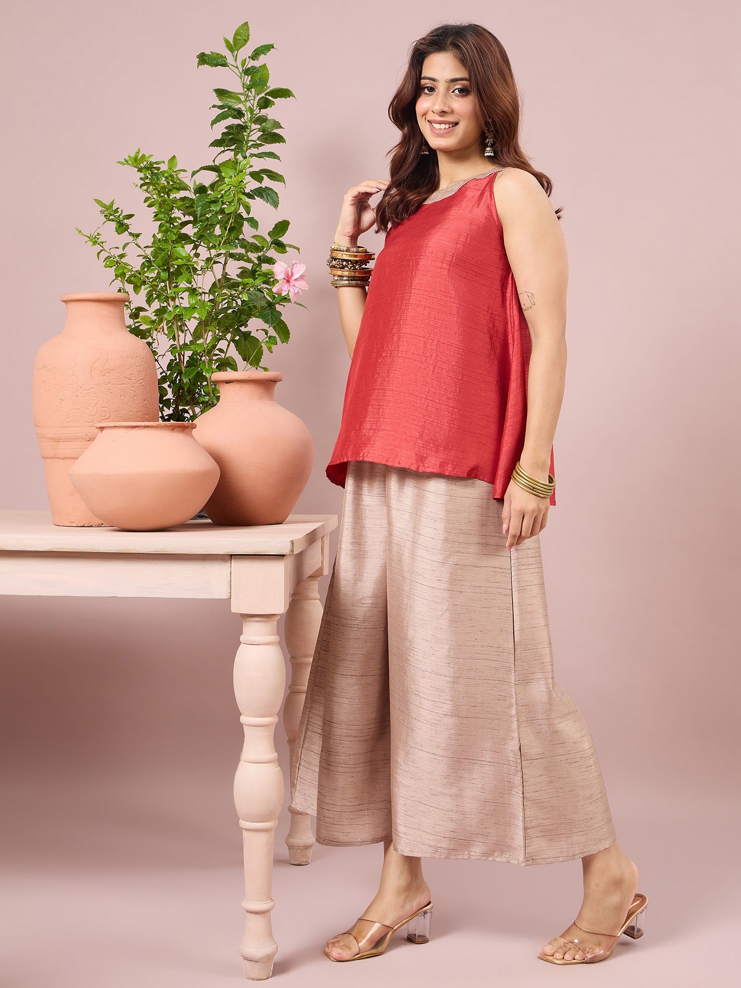 Dusty Red Halter Top Beige Coord Set (To be dispatched in 7 -10 days)