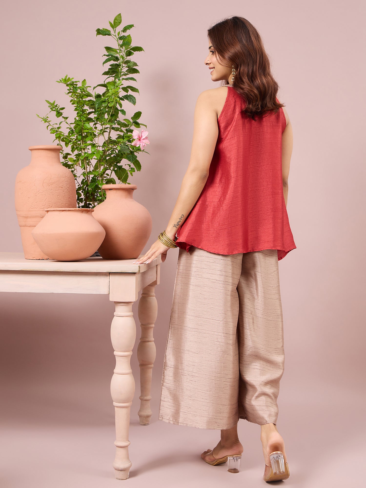 Dusty Red Halter Top Beige Coord Set (To be dispatched in 7 -10 days)