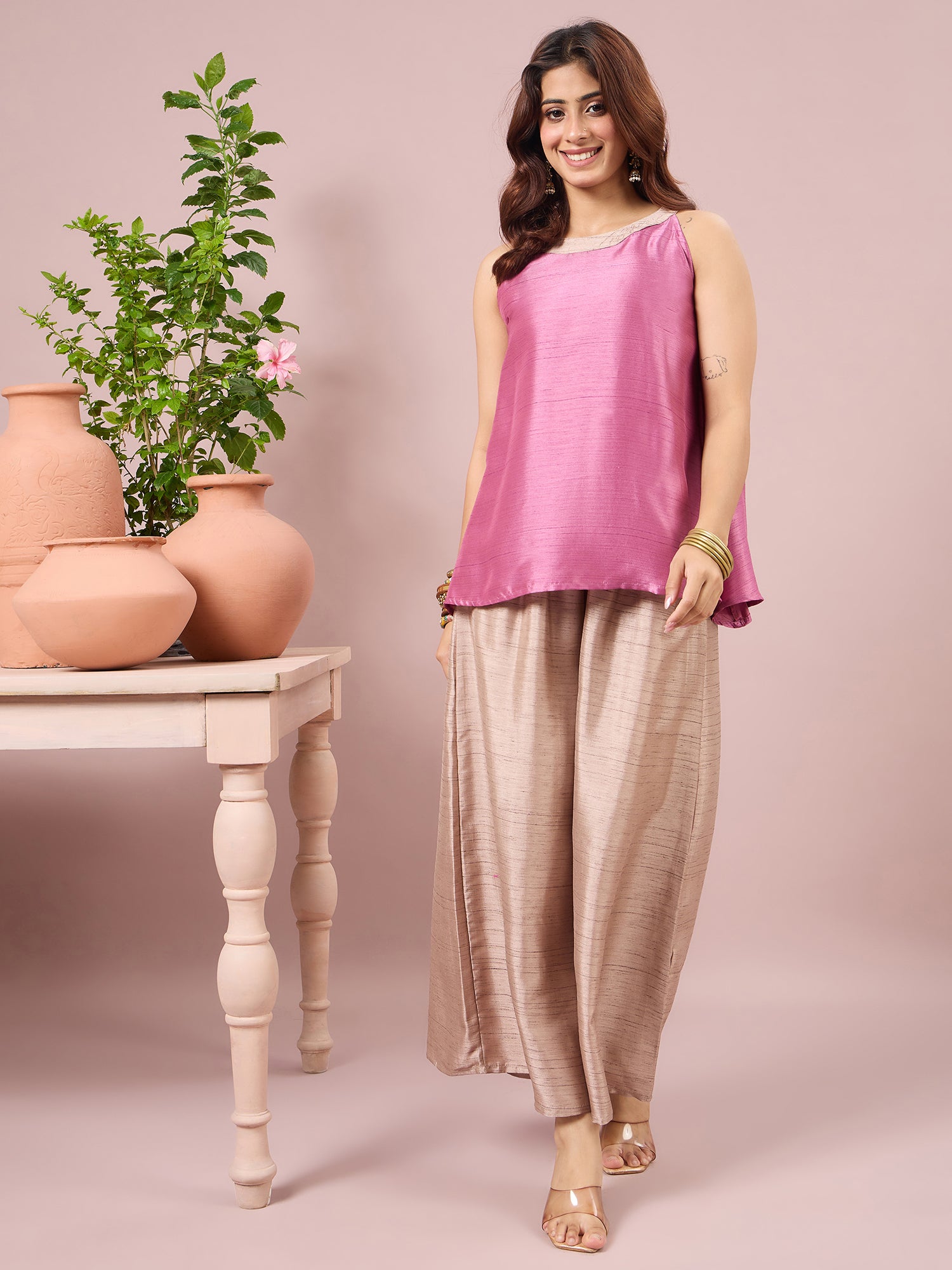 Dull Pink Halter Top Beige Coord Set (To be dispatched in 7 -10 days)