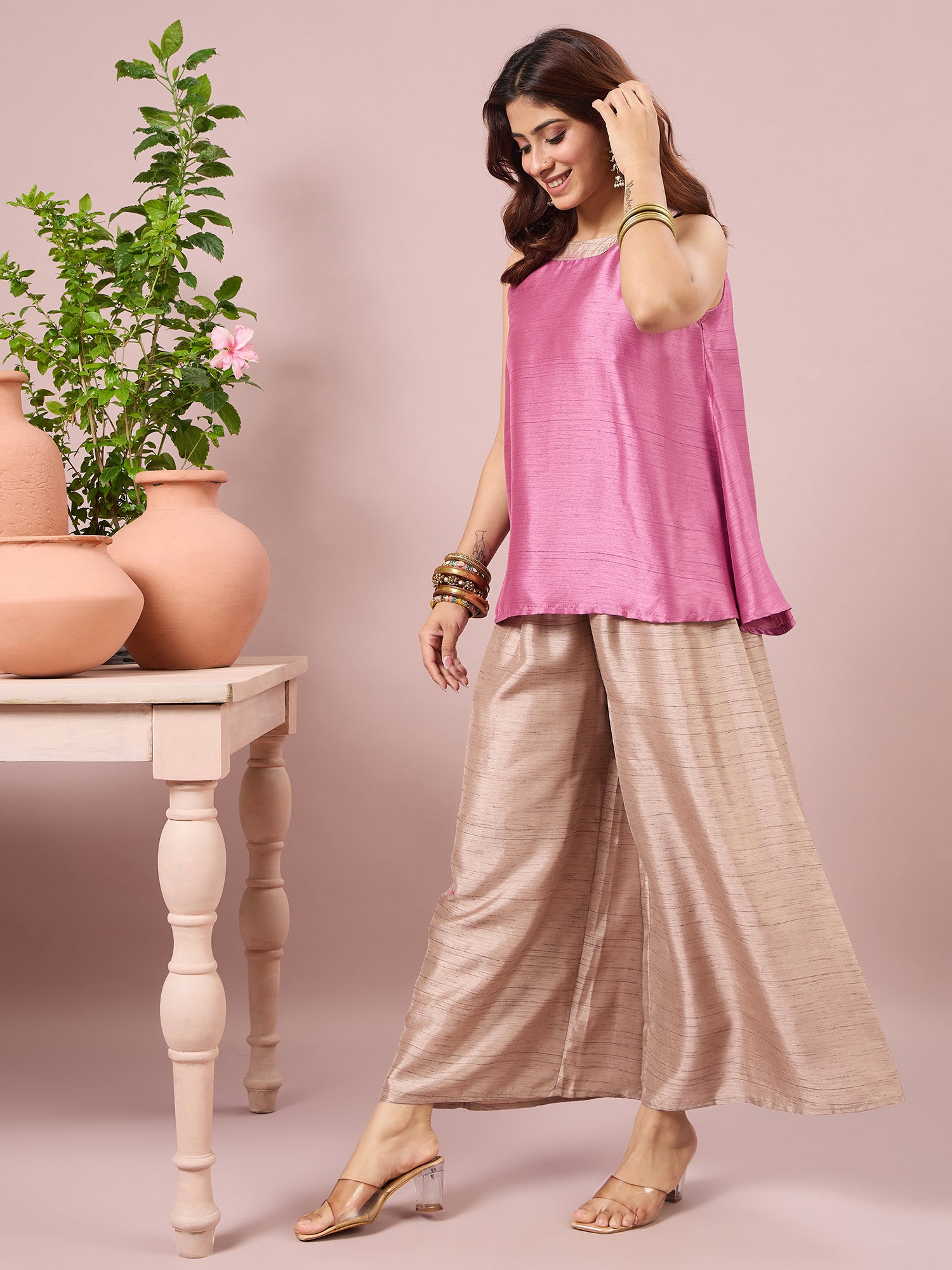 Dull Pink Halter Top Beige Coord Set (To be dispatched in 7 -10 days)