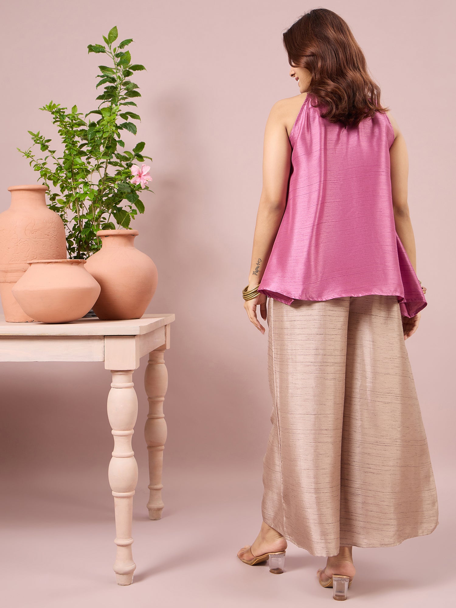 Dull Pink Halter Top Beige Coord Set (To be dispatched in 7 -10 days)