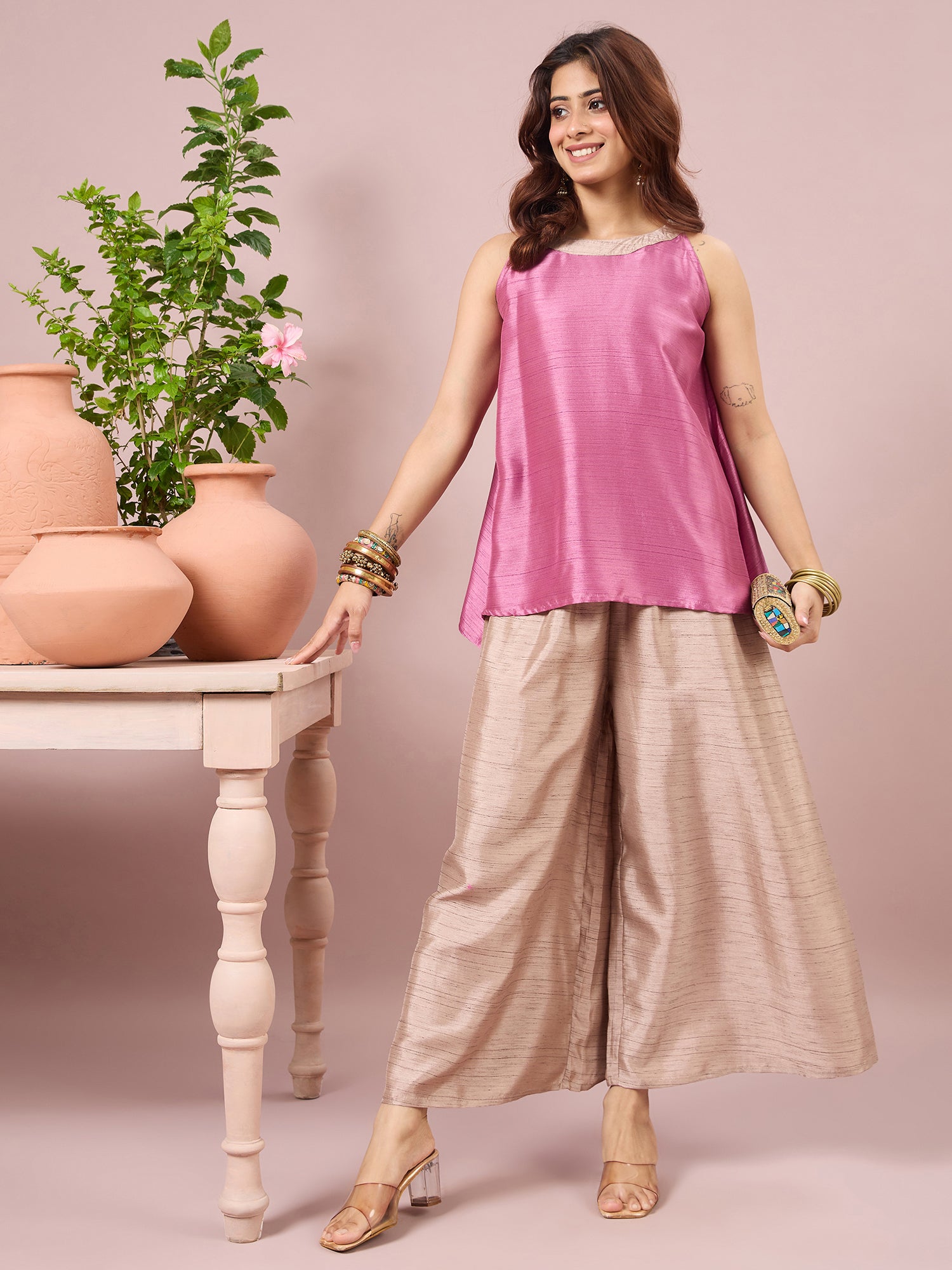 Dull Pink Halter Top Beige Coord Set (To be dispatched in 7 -10 days)