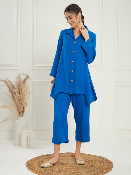 Ink Blue Solid Blazer Kurta Naroow Pant Set