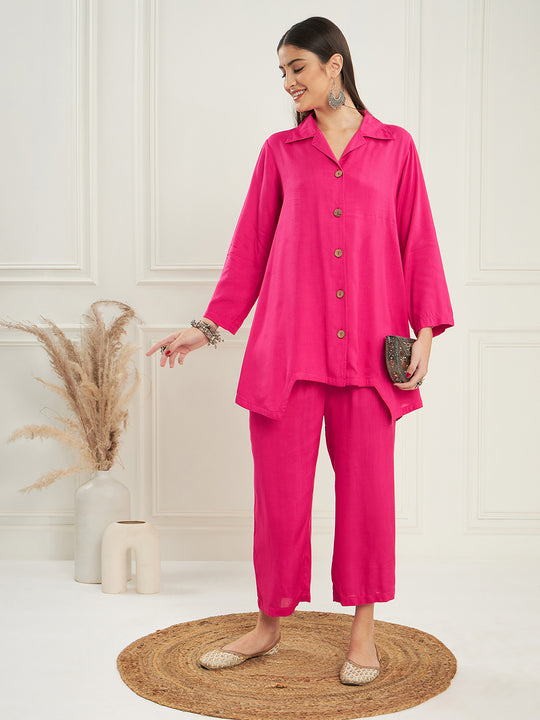 Fuchsia  Solid Blazer Kurta Naroow Pant Set