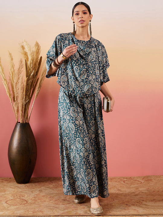 Slate Grey Paisley Print Cowl Neck Top Bottom Set