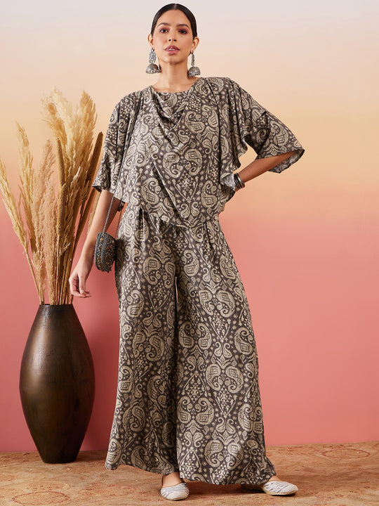 Dull Brown Paisley Print Cowl Neck Top Bottom Set
