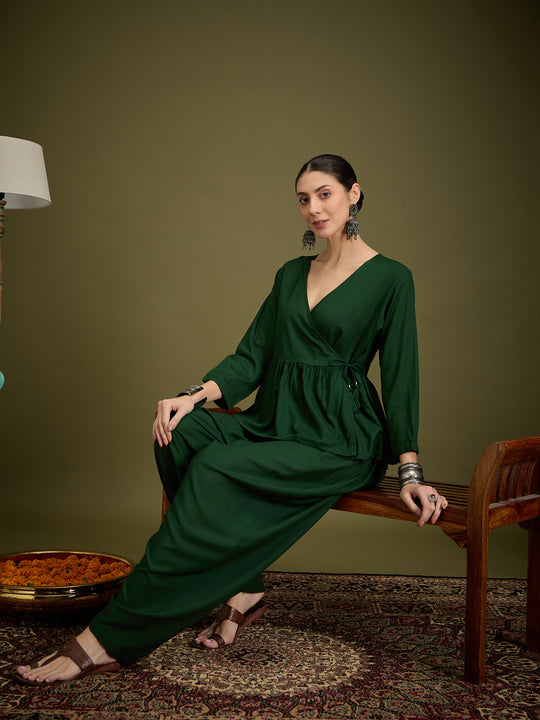 Dark Green Angrakha Dhoti Coord Set