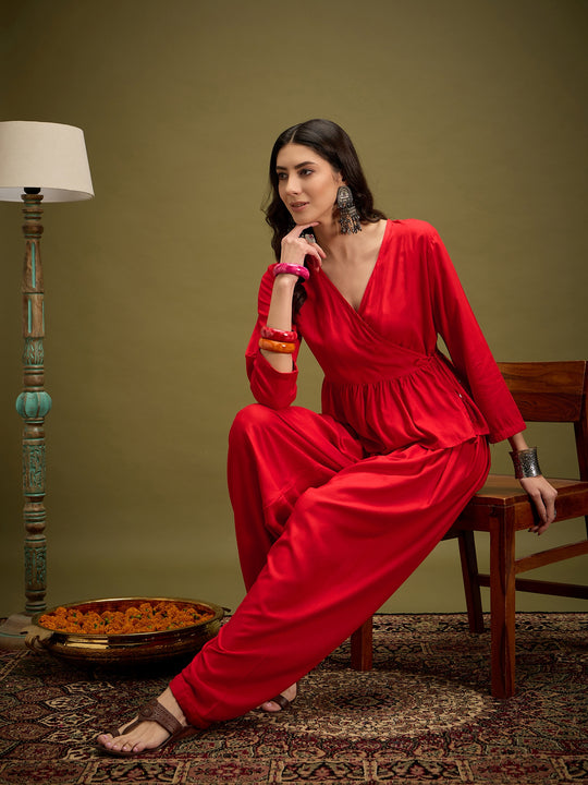 Red Angrakha Dhoti Coord Set