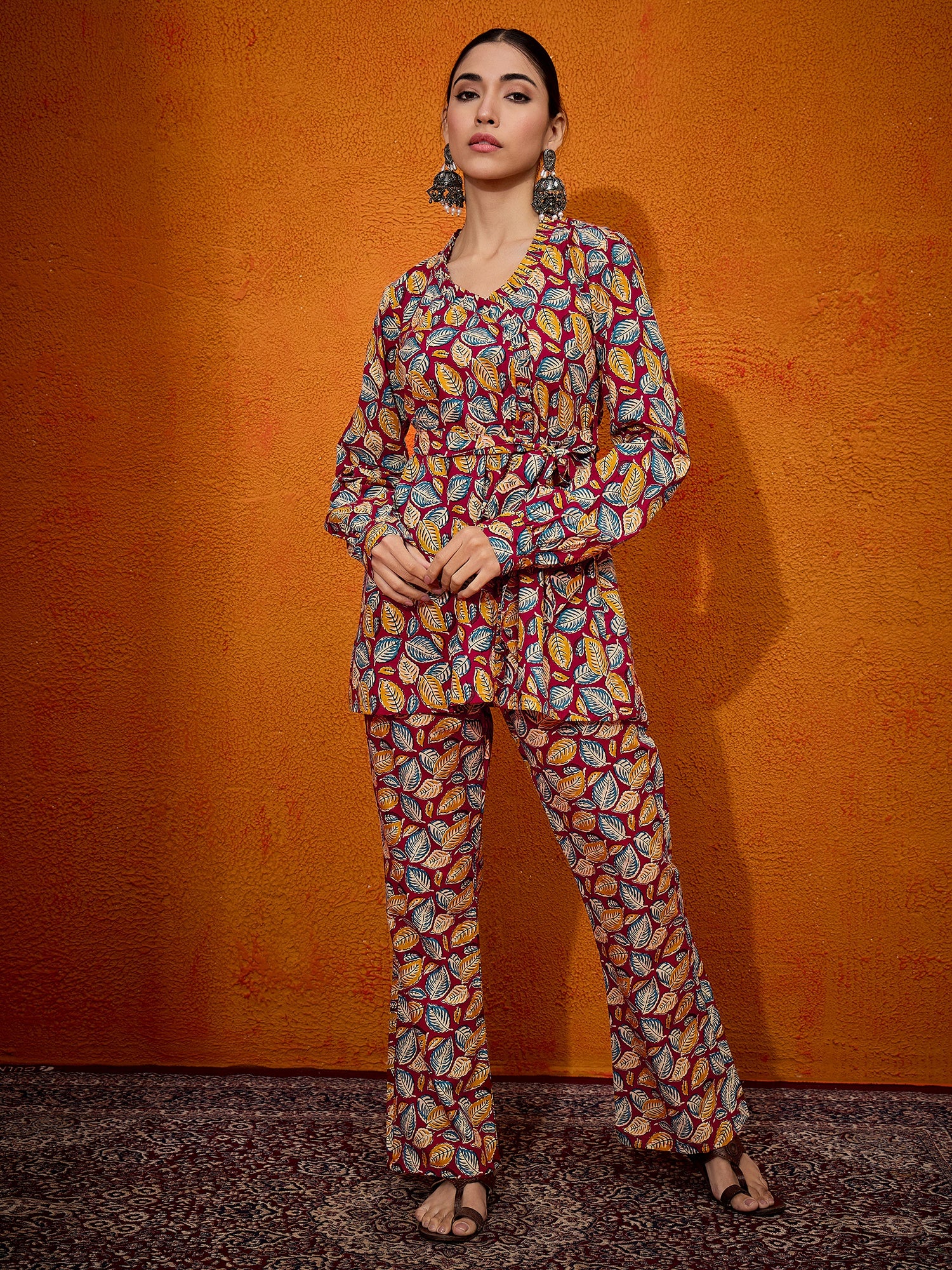 Maroon Yellow Blue Leaf Print Belted Coord Set