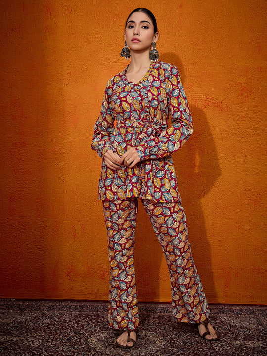 Maroon Yellow Blue Leaf Print Belted Coord Set