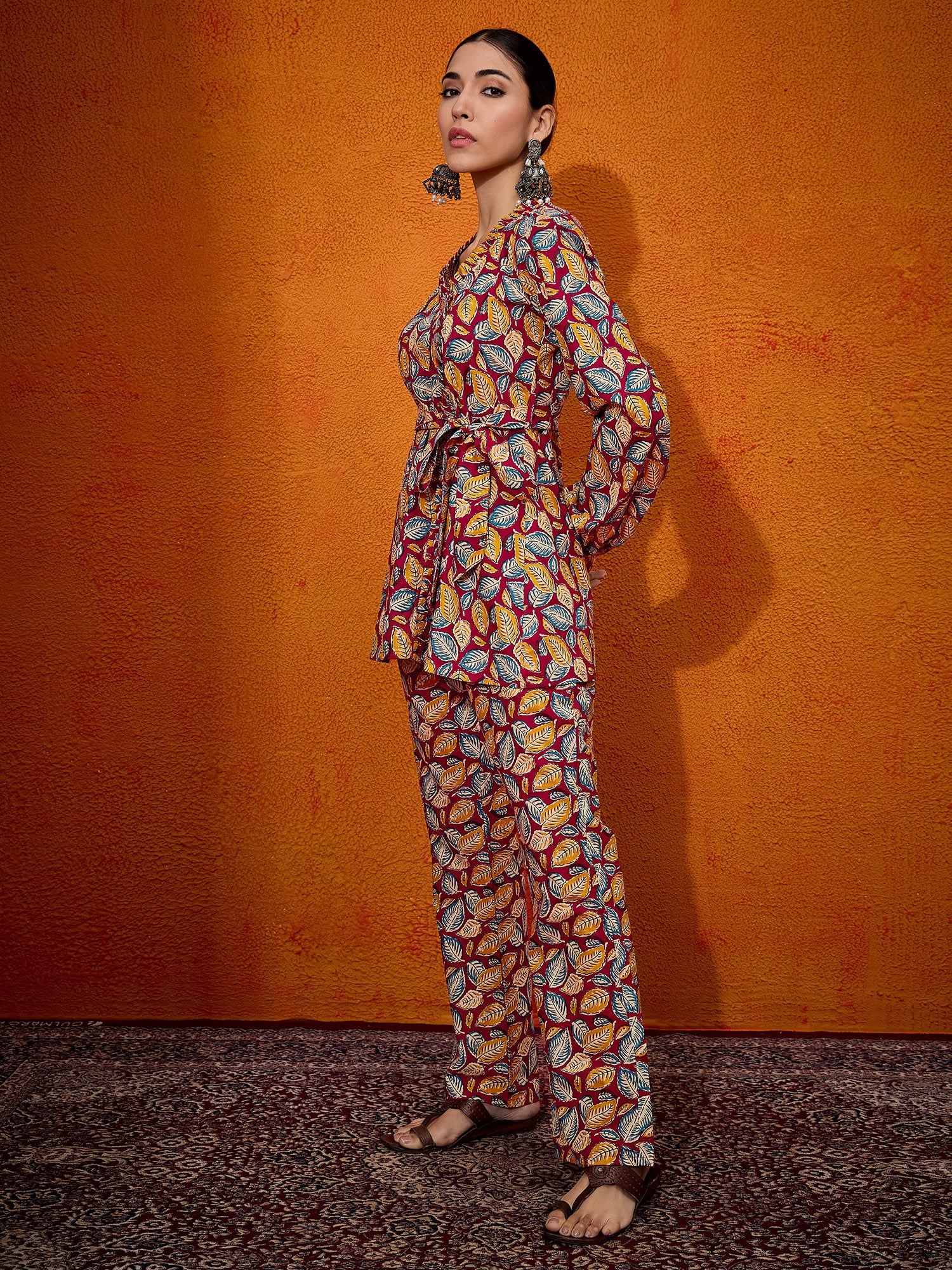 Maroon Yellow Blue Leaf Print Belted Coord Set