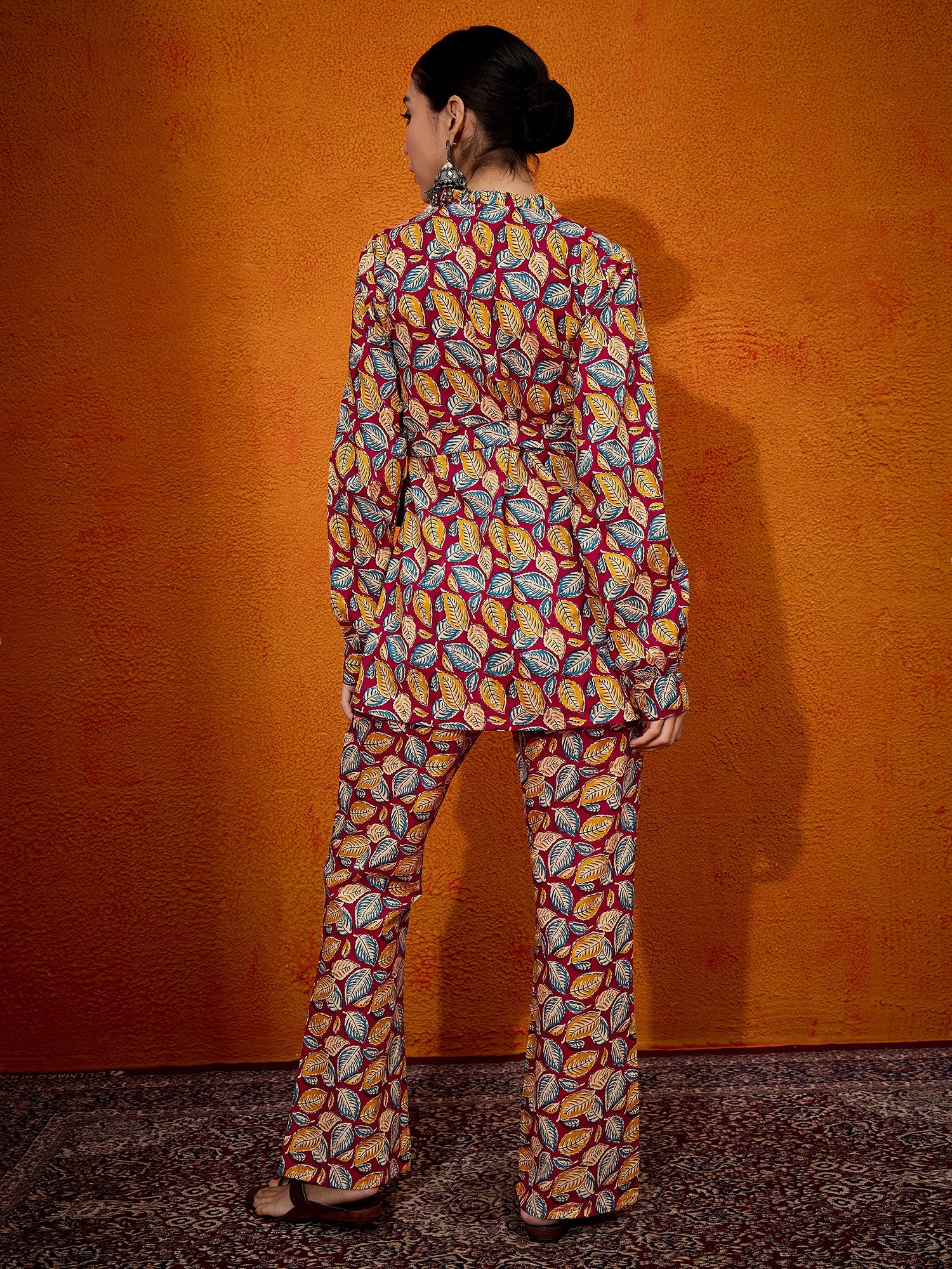 Maroon Yellow Blue Leaf Print Belted Coord Set