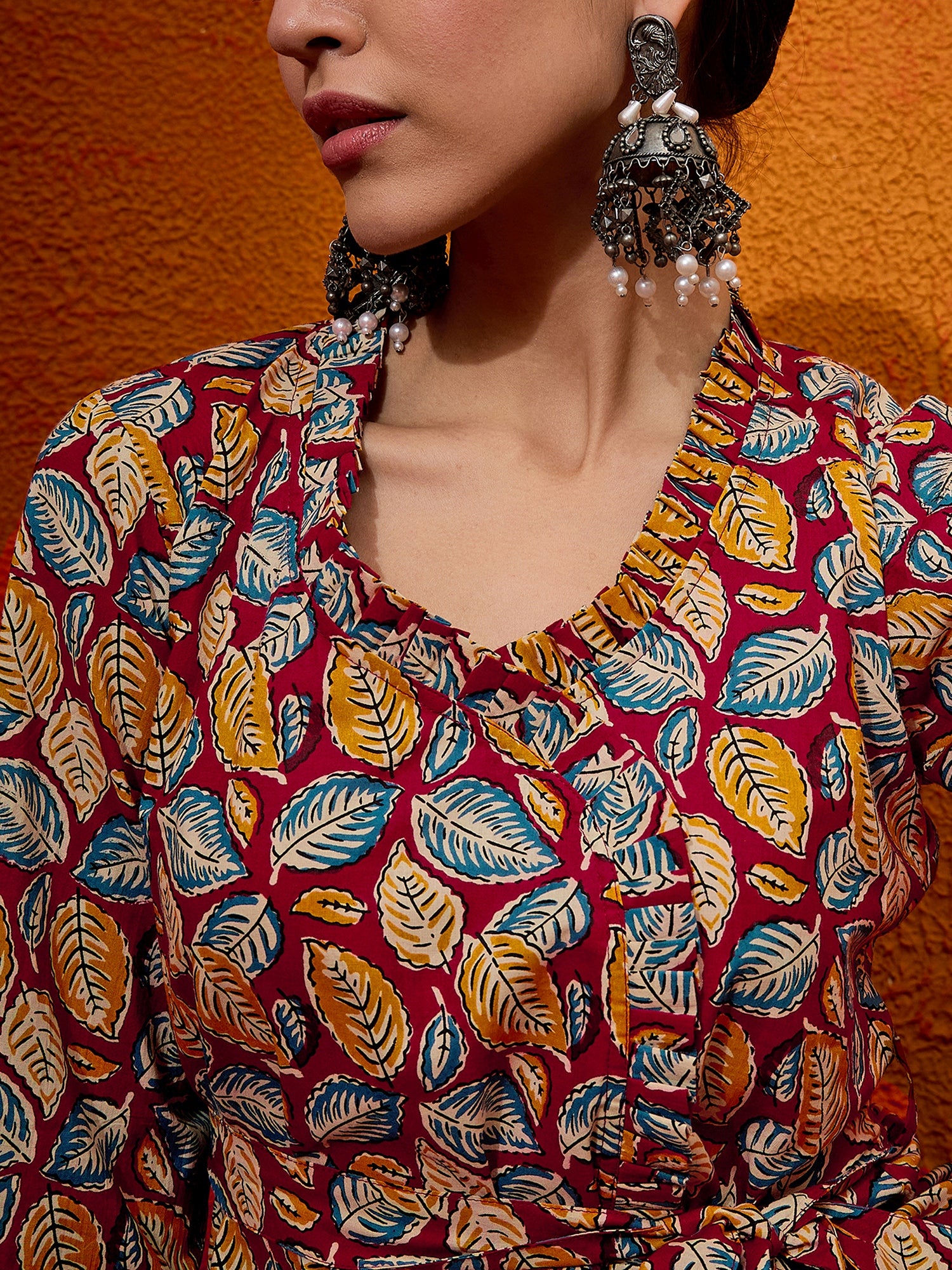 Maroon Yellow Blue Leaf Print Belted Coord Set