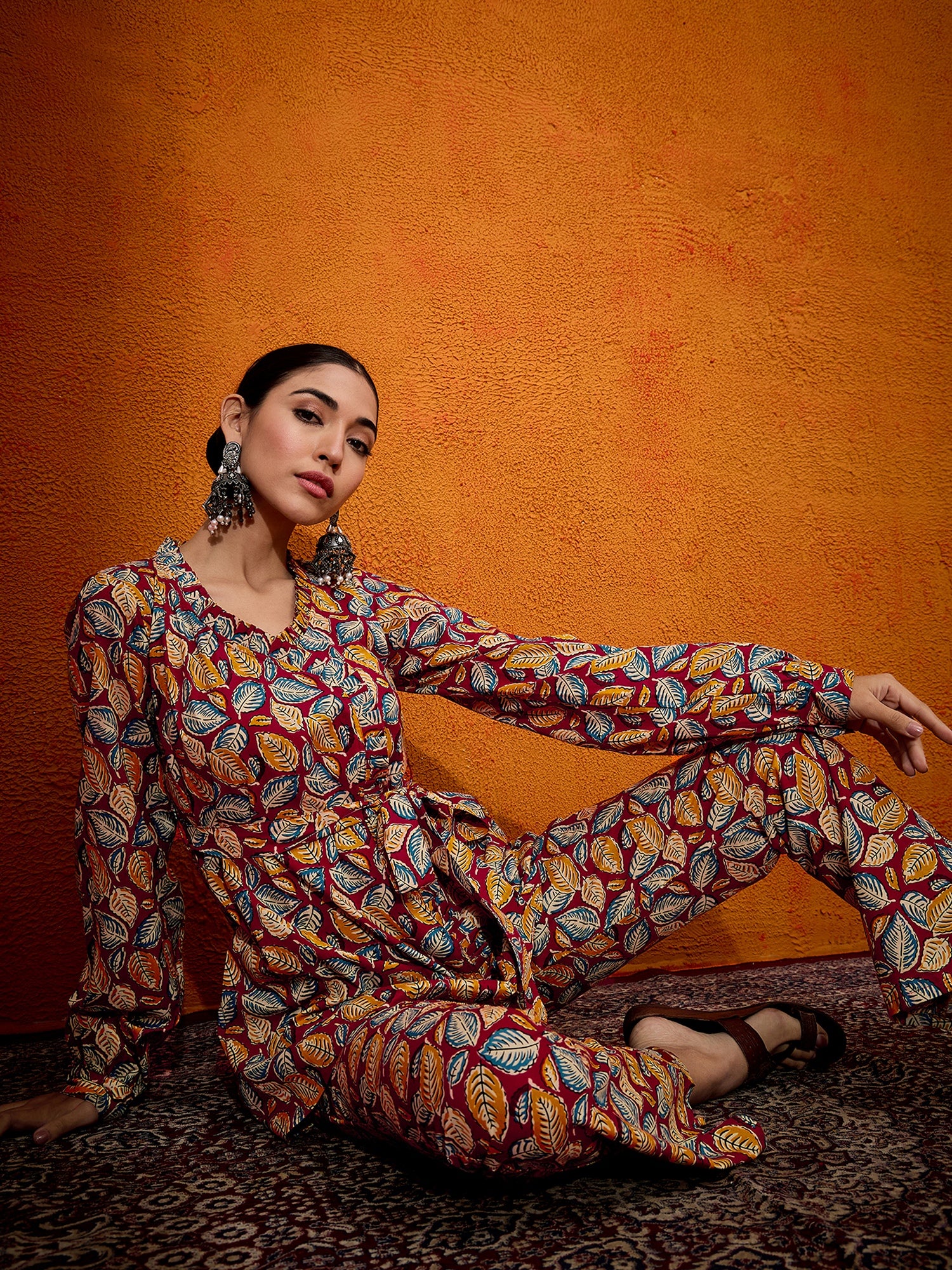 Maroon Yellow Blue Leaf Print Belted Coord Set