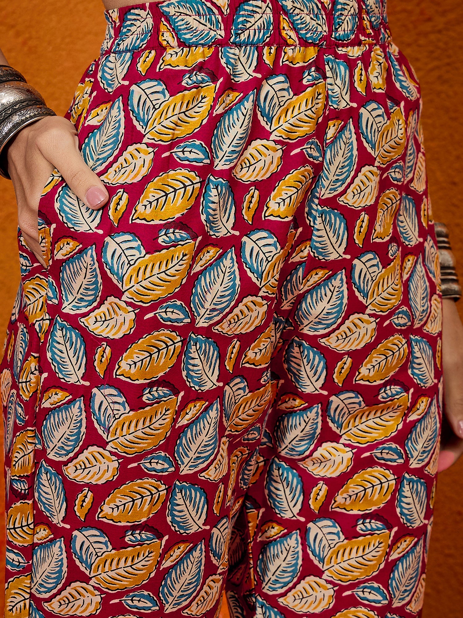 Maroon Yellow Blue Leaf Print Belted Coord Set