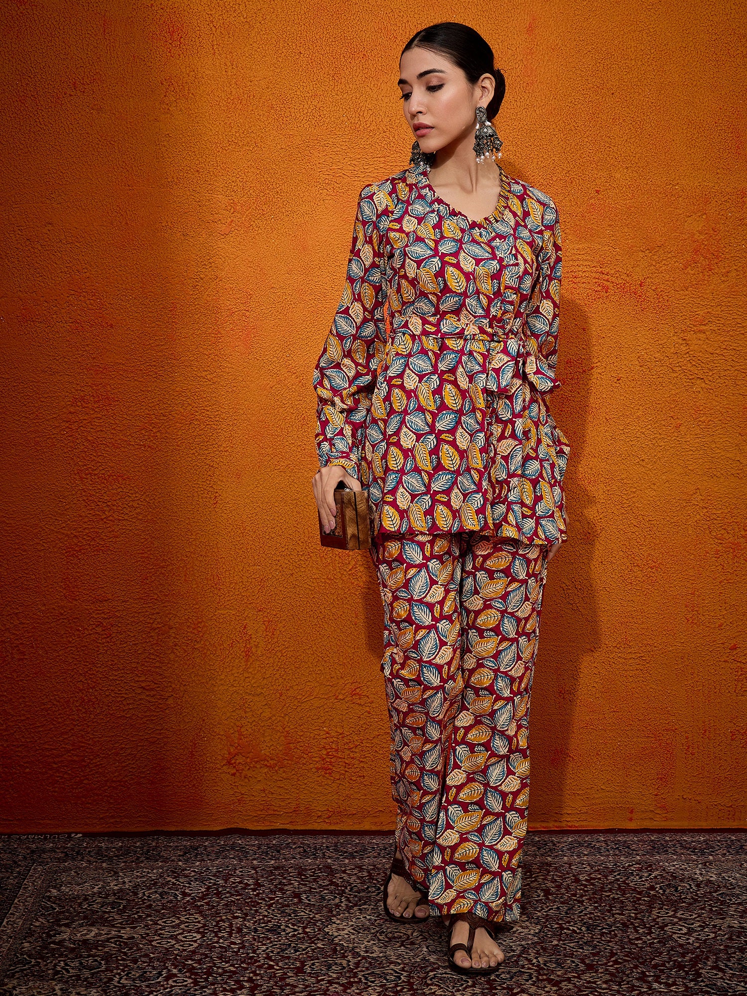 Maroon Yellow Blue Leaf Print Belted Coord Set