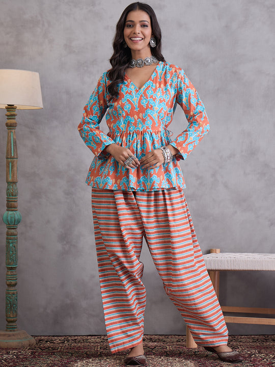 Cyan Orange Printed Dhoti Set