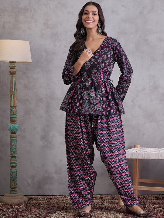Black Pink Printed Dhoti Set