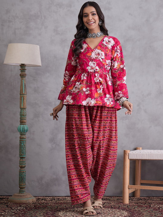 Dark Pink Cream Printed Dhoti Set