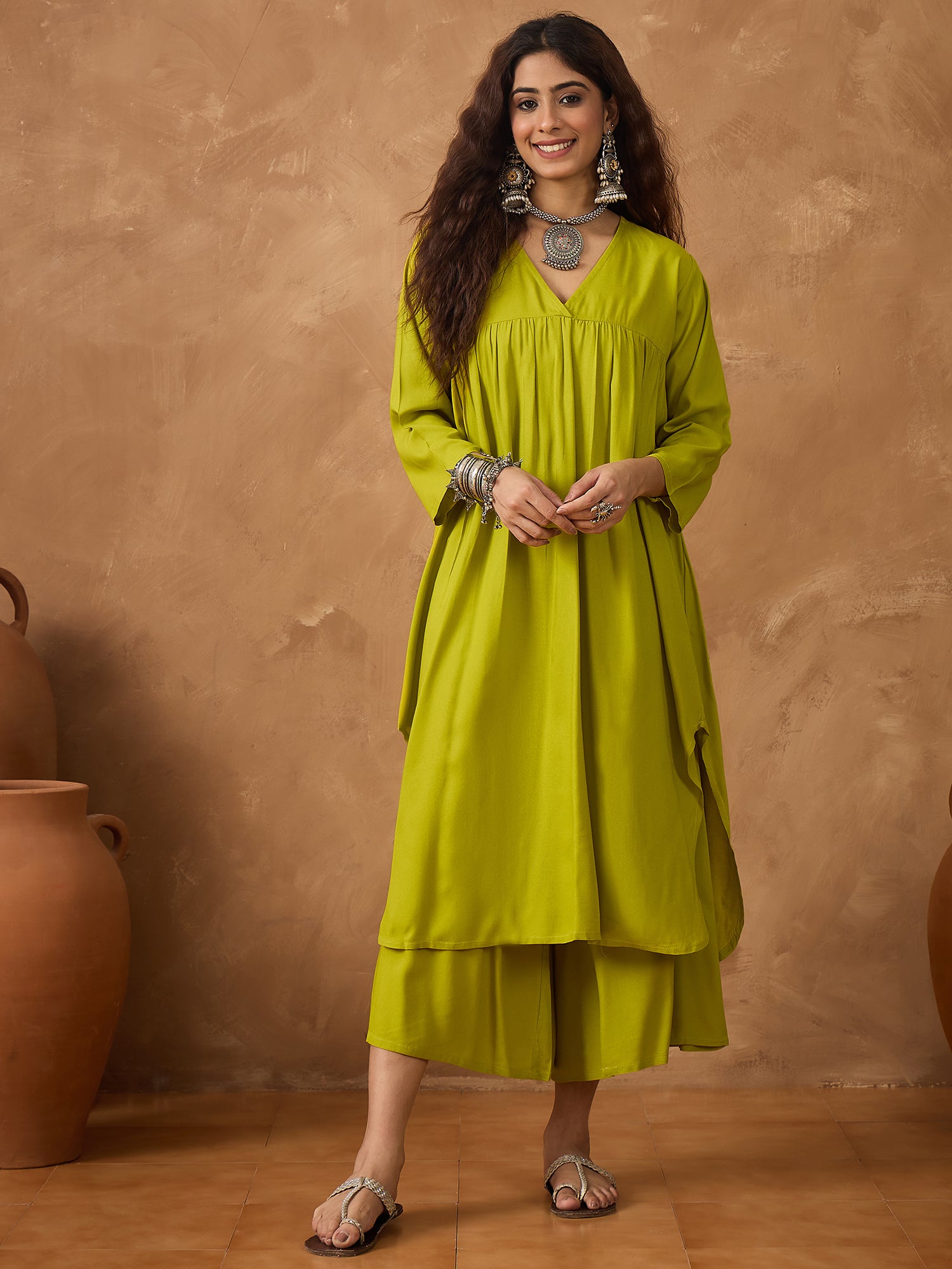 Lemon Yellow V Neck Flared Palazzo Set