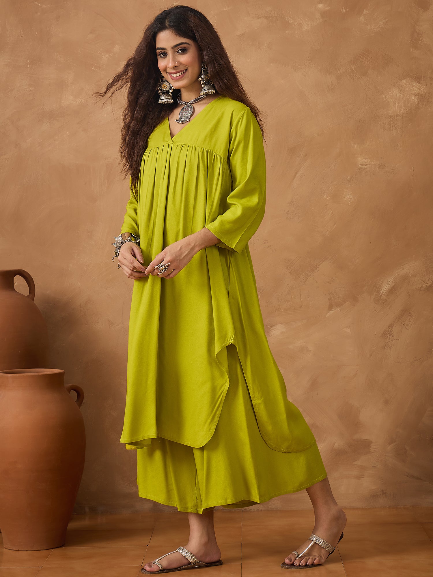Lemon Yellow V Neck Flared Palazzo Set