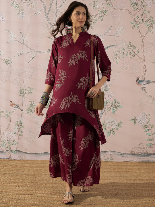 DARK MAROON LEAF MANDARIN KURTA SET