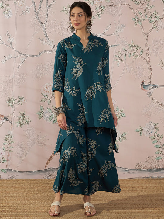 DARK TEAL LEAF MANDARIN KURTA SET