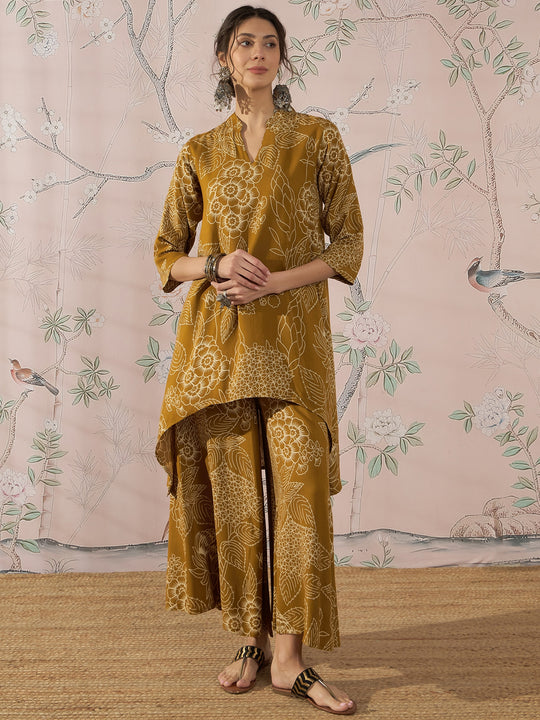 DARK YELLOW ROSE LEAF MANDARIN KURTA SET