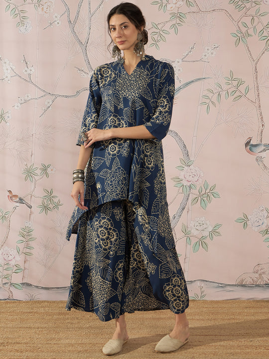 PEACOCK TEAL ROSE LEAF MANDARIN KURTA SET