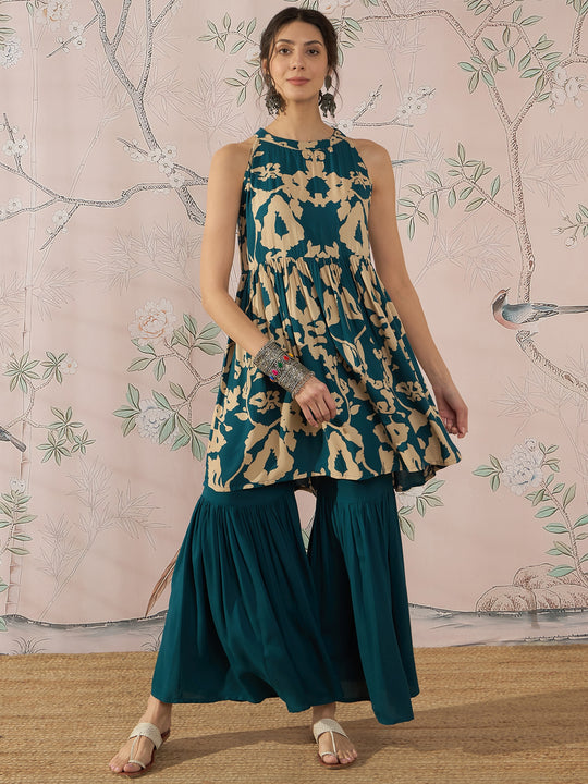 TEAL BEIGE HALTER KURTA SHARARA SET