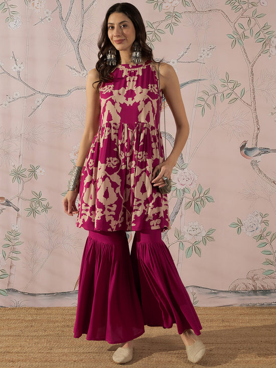 JAM PINK BEIGE HALTER KURTA SHARARA SET