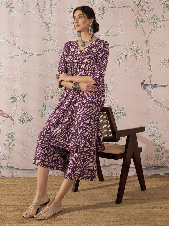 DUSTY MAUVE ETHNIC FLARED KURTA SET