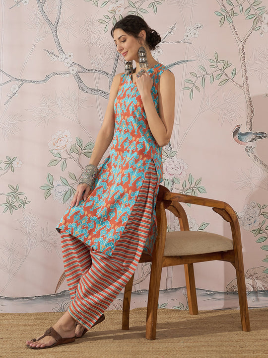 CYAN ORANGE KURTA DHOTI SET