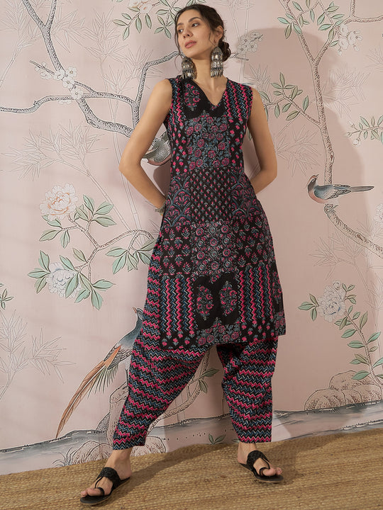 BLACK PINK KURTA DHOTI SET