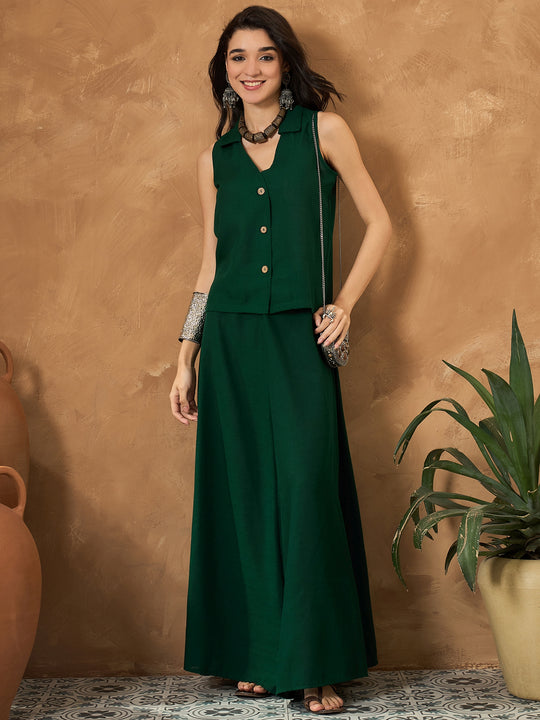 Pine Green Linen Sleeveless Shirt Skirt Set