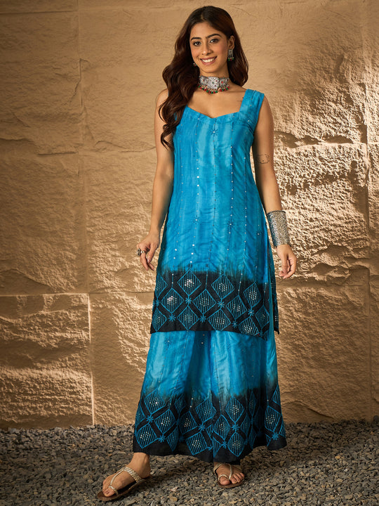 Cyan Blue Tie & Dye Sweetheart Kurta Set