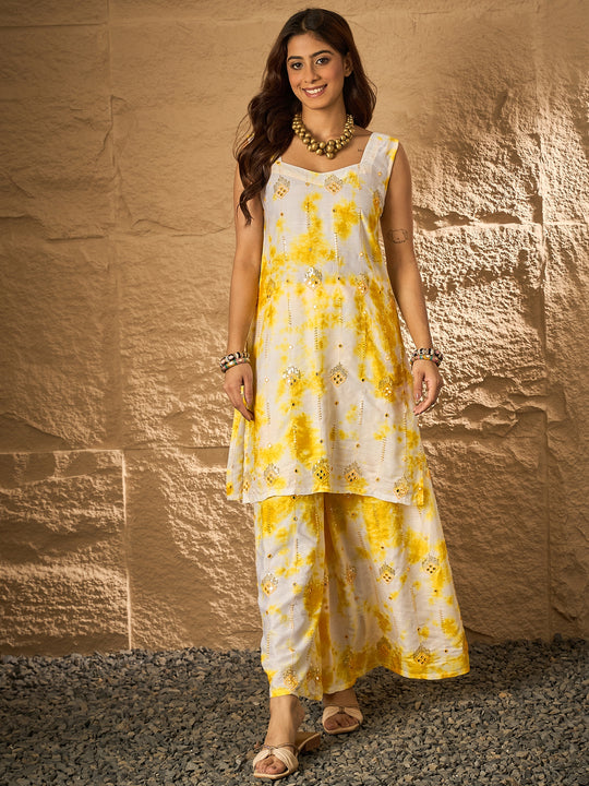 Yellow White Tie & Dye Sweetheart Kurta Set