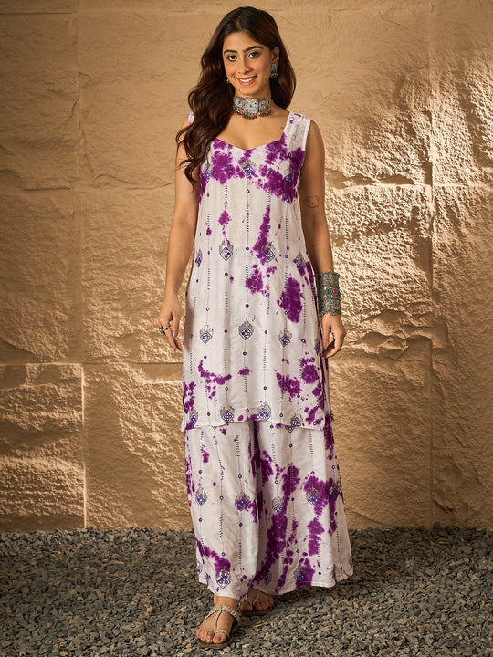 Purple White Tie & Dye Sweetheart Kurta Set