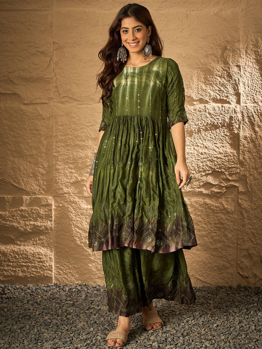 Mehandi Green Tie & Dye Anarkali Kurta Set
