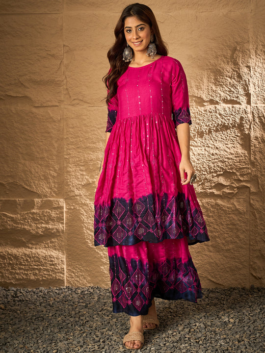 Fuchsia Tie & Dye Anarkali Kurta Set